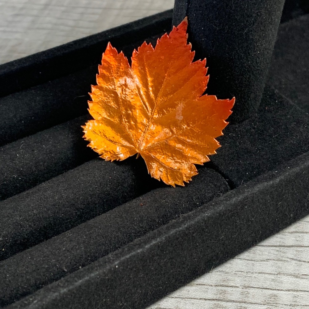 Vintage Metallic Orange Leaf Brooch Autumn Fall Maple Leaf Pin Gold Tone 4615
